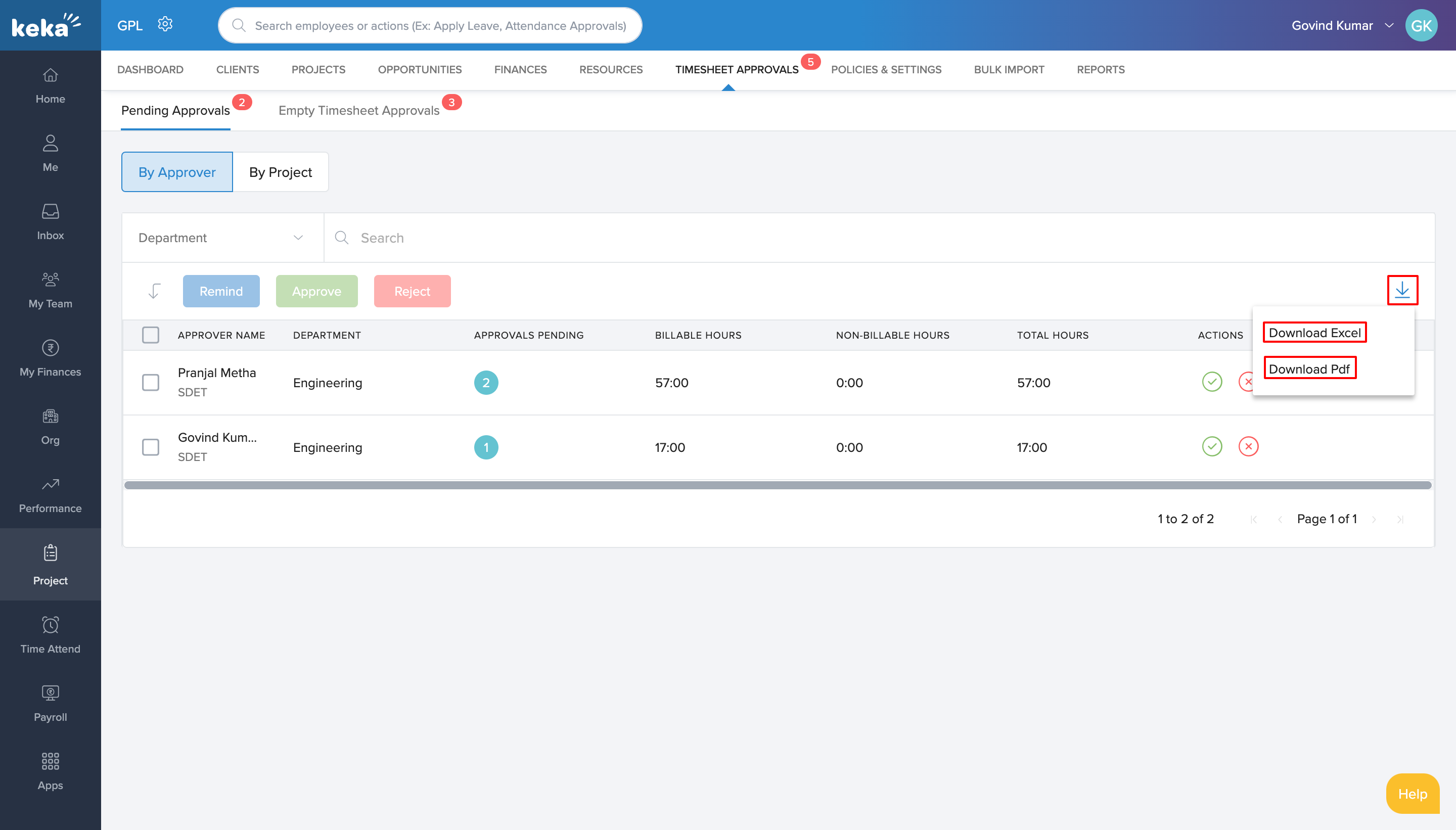 Managing timesheet approvals for all projects